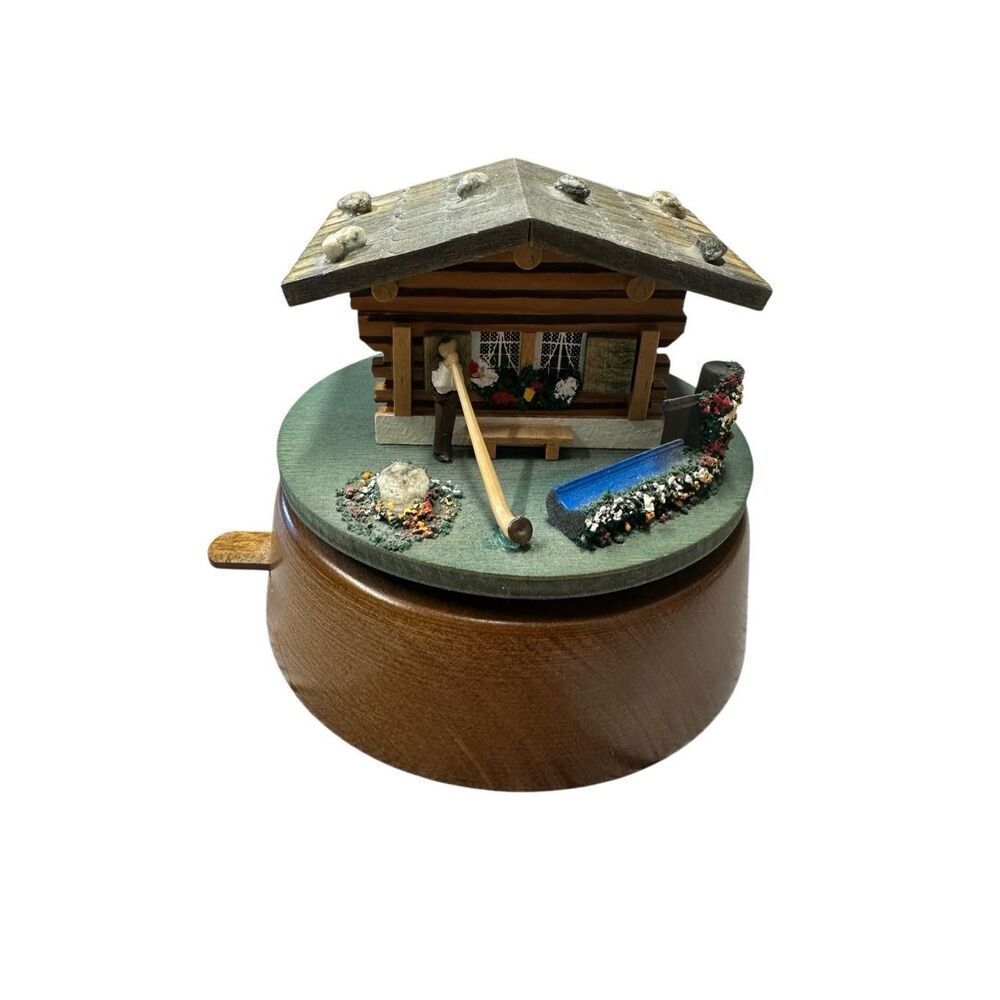 Vintage Swiss Chalet Reuge Skaters Waltz Alpine Horn Player Rotating Music Box